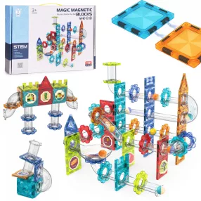   Mágneses játékkészlet, Multistore HC726113, 113 db, golyópálya 3D, alagutakkal és kanyarokkal, stabil mágneses csatlakozással
