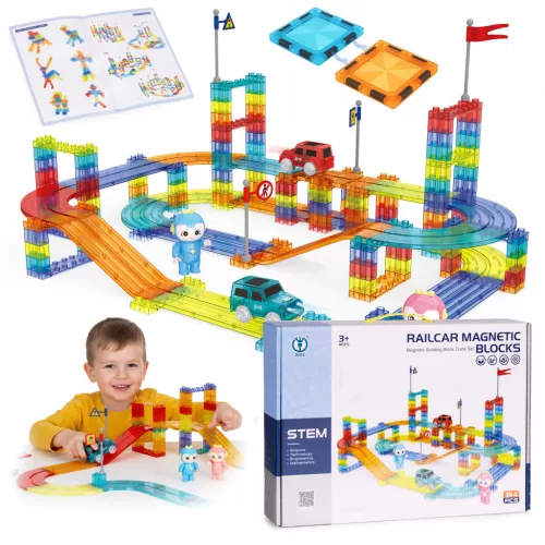Mágneses építőjáték készlet, Multistore, HC726124, 154 db, autópálya, 2 autóval, LED világítással, mágneses csatlakozással, elemes (2 db AA - nem tartozék), 3 éves kortól