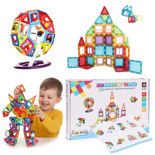 Mágneses játékkészlet, Multistore HC397266, 130 db, műanyag, többszínű, kreatív 2D/3D építés, kerekekkel, 3 éves kortól