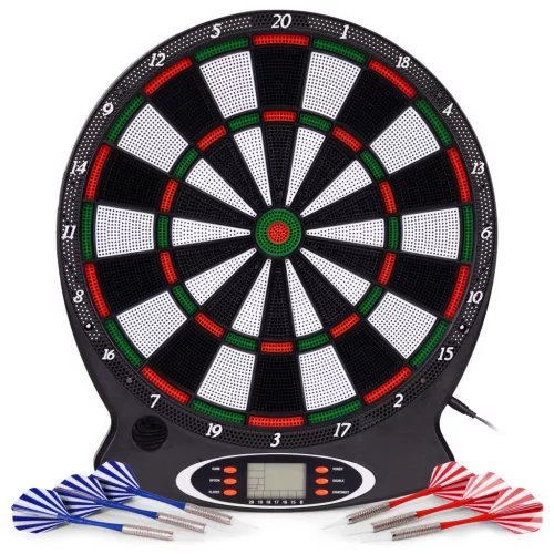 Elektronikus dartstábla, Multistore AP-100A, átmérő: 38 cm, 18 játékmód, 159 variáció, LCD kijelző, 8 játékosig, 6 db darts + póthegyek