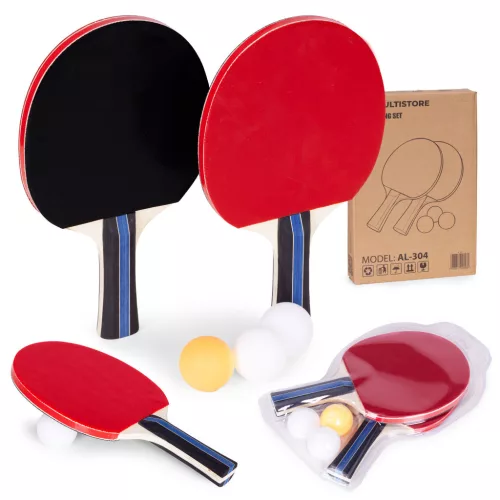 Pingpong készlet, Multistore AL-304, 2 ütő + 3 labda, ergonomikus markolat, csúszásgátló bevonat, műanyag tok, fa és gumi, labdaátmérő 4 cm, kezdőknek és haladóknak