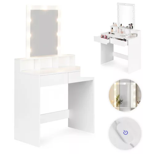 Sminkasztal, ModernHome ZDT-01, 80 x 41 x 146 cm, 9 db LED, tükör, 2 fiók, 3 polc, laminált bútorlap