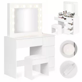   Sminkasztal, ModernHome MRDT09-MW, 94,5 x 43 x 139,5 cm, 12 db LED, tükör, 4 fiók, ülőke, laminált bútorlap