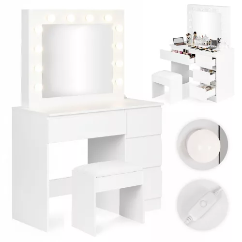 Sminkasztal, ModernHome MRDT09-MW, 94,5 x 43 x 139,5 cm, 12 db LED, tükör, 4 fiók, ülőke, laminált bútorlap
