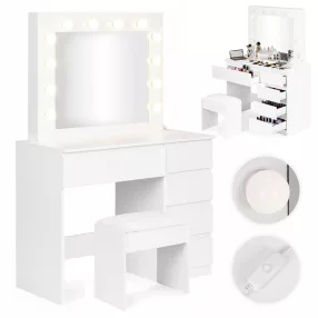   Sminkasztal, ModernHome MRDT10-MW, 94,5 × 43 × 140 cm, 12 db LED, tükör, 5 fiók, ülőke, laminált bútorlap