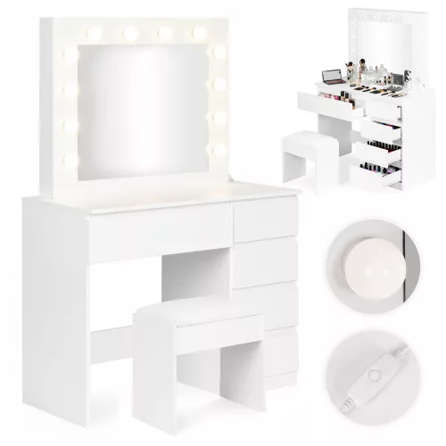 Sminkasztal, ModernHome MRDT10-MW, 94,5 × 43 × 140 cm, 12 db LED, tükör, 5 fiók, ülőke, laminált bútorlap