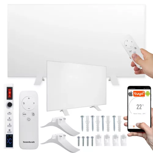 Elektromos fűtőpanel, Bauerkraft H-099, fehér, 600 W, 100 x 60 cm, infravörös, WiFi (Tuya) és távirányító, beépített termosztát, falra/mennyezetre szerelhető