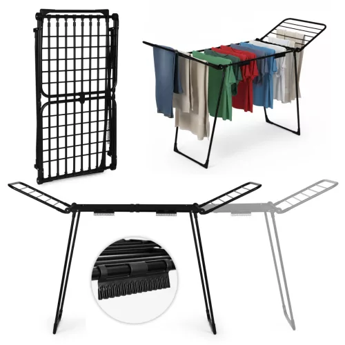 Ruhaszárító, ModernHome BJ-1938, fekete, 27 m szárítási terület, teleszkópos, összecsukható, csipesztartóval, 23 kg teherbírás, 60 cm szélesség