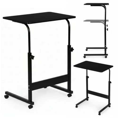 Laptopasztal, ModernHome TH-LD-1, fekete, 60 x 40 cm, 65,5–89 cm állítható magasság, kerekes, fékezhető görgők, fa és fém anyagból, teherbírás: 30 kg