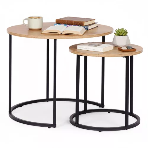 Dohányzóasztal szett, ModernHome YCJ6050T-19, átmérő: 60 és 40 cm, kör alakú, magasság: 50 és 41,5 cm, fém váz, MDF asztallap, 2 darabos