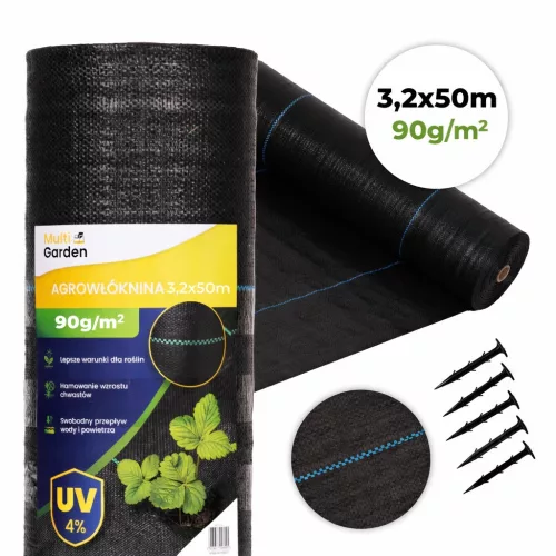 Talajtakaró geotextília, MultiGarden WEED90-M4, 3,2 x 50 m, fekete, nem szőtt, 90 g/m2, tekercs, polipropilén, víz- és légáteresztő, kék vezetőcsíkokkal, 50 db rögzítő tüskével (15 cm)