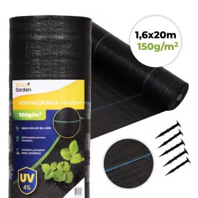   Talajtakaró geotextília, MultiGarden WEED150-S3, 1,6 x 20 m, fekete, nem szőtt, 150 g/m2, tekercs, polipropilén, víz- és légáteresztő, kék vezetőcsíkokkal, 50 db rögzítő tüskével (10 cm)