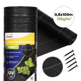   Talajtakaró geotextília, MultiGarden WEED135-L1, 0,8 x 100 m, fekete, nem szőtt, 135 g/m2, tekercs, polipropilén, víz- és légáteresztő, kék vezetőcsíkokkal, 50 db rögzítő tüskével (15 cm)