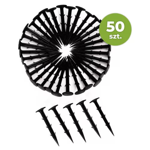 Geotextília rögzítőtüske, MultiGarden PEG50-15, fekete, 15 cm, széles fejű, hegyes, stabilizáló kampókkal, beverhető vagy becsavarható, 50 db
