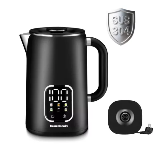 Vízforraló, Bauerkraft H-675, 1700 ml, fekete, 1500 W, érintőpaneles hőfokbeállítás, 360°-os talp, szárazonforrás elleni védelem, automatikus kikapcsolás, duplafalú