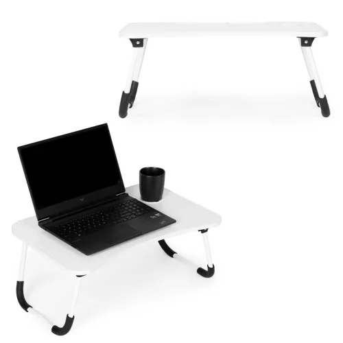 Laptoptartó, ModernHome PJJLT0001-5, 60 x 40 x 25 cm, fehér, összecsukható, pohártartóval, tablettartóval, alumínium lábak, csúszásgátló