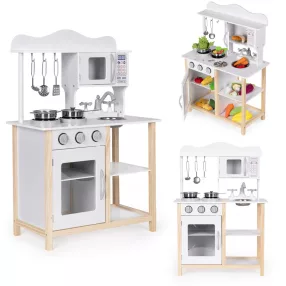   Játékkonyha, ECOTOYS, fa, 59,5 x 29,5 x 84 cm, sütővel és mikrohullámú sütővel, 5 db tartozékkal, forgógombokkal