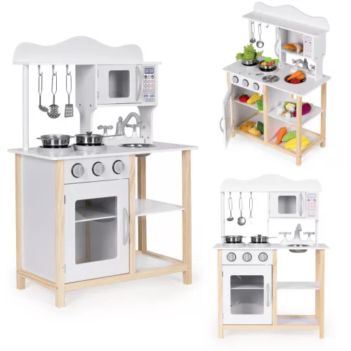 Játékkonyha, ECOTOYS, fa, 59,5 x 29,5 x 84 cm, sütővel és mikrohullámú sütővel, 5 db tartozékkal, forgógombokkal