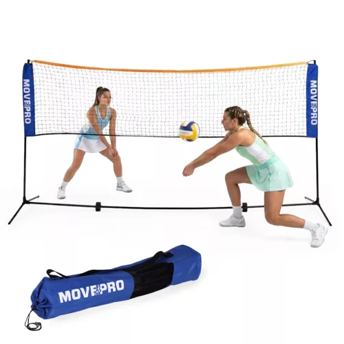 Röplabda és tollaslabda háló és állvány szett, MOVEPRO MXW170408, 305 x 140 cm, állítható magasságú, fém oszlopok, hordtáskával