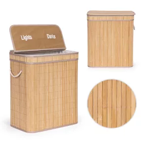   Szennyeskosár, ModernHome AIE-49BO, natúr, 100 l, bambusz, 61 x 52 x 33 cm, kivehető pamut betét, fedeles, két rekesz, fogantyúkkal