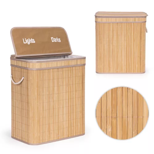 Szennyeskosár, ModernHome AIE-49BO, natúr, 100 l, bambusz, 61 x 52 x 33 cm, kivehető pamut betét, fedeles, két rekesz, fogantyúkkal