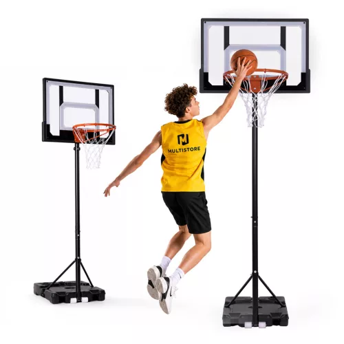Kosárlabdapalánk, MOVEPRO QSG-S018K, mobil, állítható, 108-210 cm magasság, szabadon álló, kerekekkel, acél váz, PE/PET palánk 73 x 49 cm, 37,5 cm gyűrű, 16,5 l tölthető talp