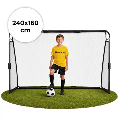 Futballkapu, MOVEPRO JSP-DS8033, 240 x 160 x 80 cm, fekete, acél váz, sűrű szövésű PE háló, habszivacs védőborítás, rögzítővel, időjárásálló, szerszám nélkül összeszerelhető