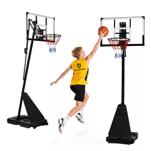 Kosárlabdapalánk, MOVEPRO QSG-S255, mobil, állítható, 150-305 cm magasság, szabadon álló, kerekekkel, acél váz, PC palánk 108 x 69 cm, 45 cm gyűrű, 23 l tölthető talp