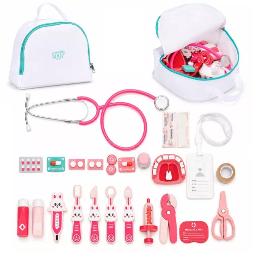 Játék orvosi szett, ECOTOYS HM328789, készlet gyerekeknek, 26 db, fa, orvosi táskával, készségfejlesztő szerepjáték, 3 éves kortól, éles élek nélkül
