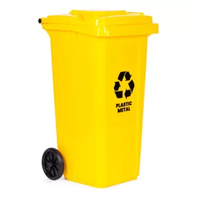   Műanyag hulladéktároló, szelektív kültéri kuka, Multistore MO-240G-13, 240 l, sárga, műanyag és fém, gumírozott kerekek, UV-álló, HDPE műanyag, zárható fedél