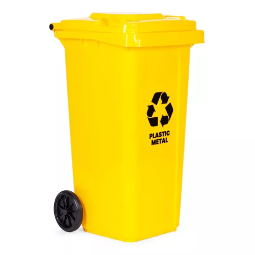 Műanyag hulladéktároló, szelektív kültéri kuka, Multistore MO-240G-13, 240 l, sárga, műanyag és fém, gumírozott kerekek, UV-álló, HDPE műanyag, zárható fedél