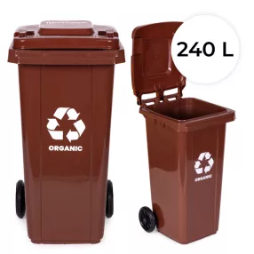   Műanyag hulladéktároló, szelektív kültéri kuka, Multistore MO-240G-2, 240 l, barna, biohulladékhoz, gumírozott kerekek, UV-álló, HDPE műanyag, zárható fedél