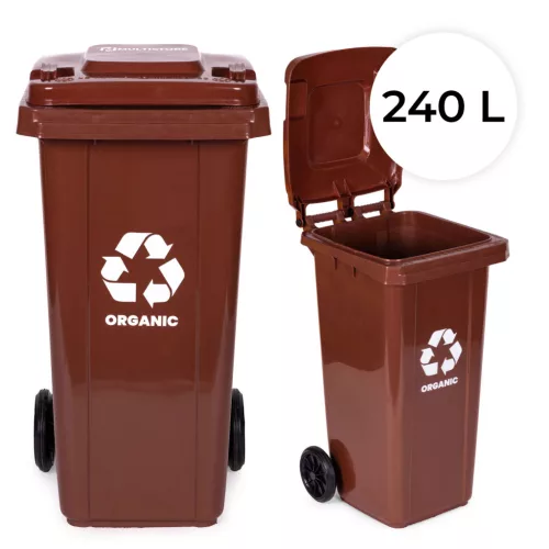 Műanyag hulladéktároló, szelektív kültéri kuka, Multistore MO-240G-2, 240 l, barna, biohulladékhoz, gumírozott kerekek, UV-álló, HDPE műanyag, zárható fedél