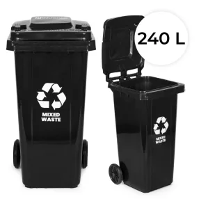   Műanyag hulladéktároló, kommunális kültéri kuka, Multistore MO-240G-1-K, 240 l, fekete, vegyes hulladék, gumírozott kerekek, UV-álló, HDPE műanyag, zárható fedél
