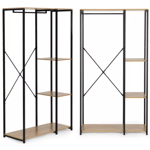 Álló ruhafogas, ModernHome GIC-HS901D-15, világos tölgy, magasság: 167 cm, 1 akasztórúd, 2 polc, acél váz, MDF polcok, teherbírás: 3 kg/akasztórúd, 10 kg/polc
