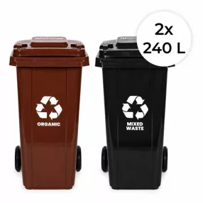   Műanyag hulladéktároló, szelektív kültéri kuka szett, Multistore MO-240G-1-2, 2 x 240 l, fekete/barna, gumírozott kerekek, UV-álló, HDPE műanyag, zárható fedél