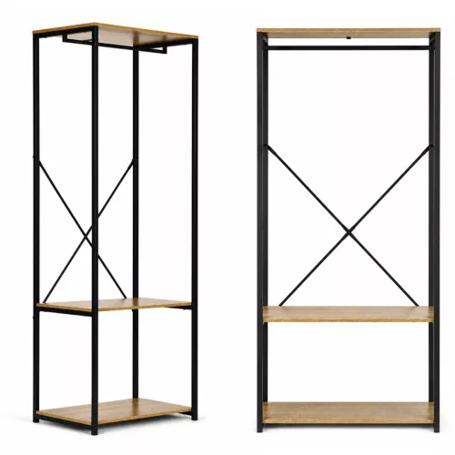 Álló ruhafogas, ModernHome GIC-HS17D-15, világos tölgy, magasság: 167 cm, 1 akasztórúd, 2 polc, acél váz, MDF polcok, teherbírás: 3 kg/akasztórúd, 10 kg/polc