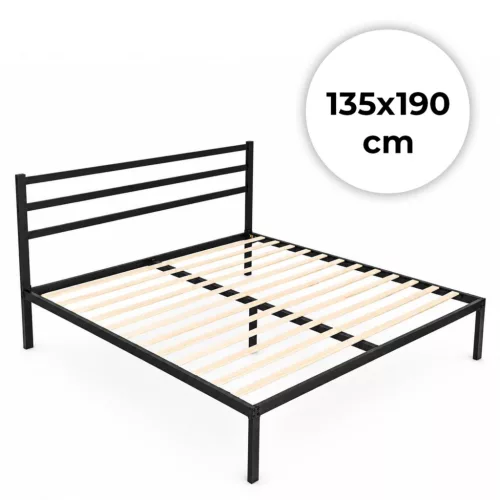 Fém ágykeret, ModernHome GIC-BFWB02, 135 x 190 cm, fekete, fém és fa, fém ágykeret és fejtámla, 400 kg teherbírás