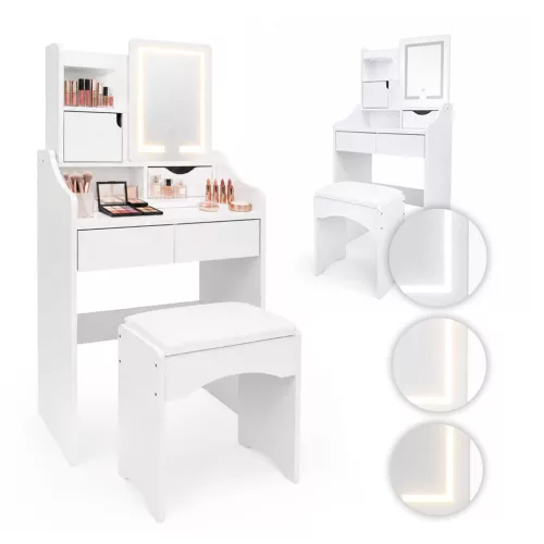 Sminkasztal, ModernHome ZDT-14, 60 x 40 x 130 cm, LED világítással, 3 fényárnyalat, tükör, 3 fiók, 1 polc, ülőke, laminált bútorlap