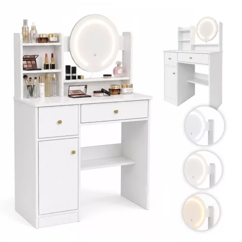 Sminkasztal, ModernHome ZDT-15, 80 x 40 x 128 cm, LED világítással, 3 fényárnyalat, tükör, 2 fiók, 2 polc, laminált bútorlap