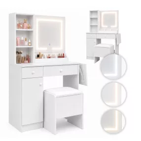   Sminkasztal, ModernHome ZDT-25, 112 x 40 x 140 cm, LED világítással, 3 fényárnyalat, tükör, 2 fiók, 2 polc, ülőke, laminált bútorlap