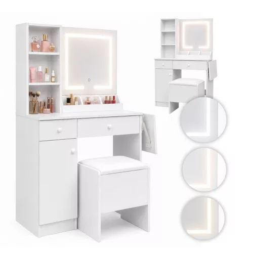 Sminkasztal, ModernHome ZDT-25, 112 x 40 x 140 cm, LED világítással, 3 fényárnyalat, tükör, 2 fiók, 2 polc, ülőke, laminált bútorlap