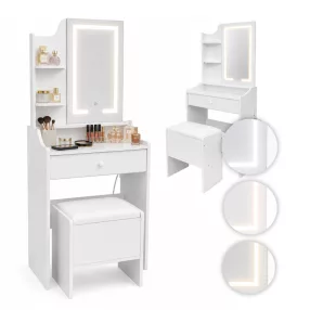  Sminkasztal, ModernHome ZDT-17, 62 x 39 x 150 cm, LED világítással, 3 fényárnyalat, tükör, 1 fiók, 2 polc, ülőke, laminált bútorlap