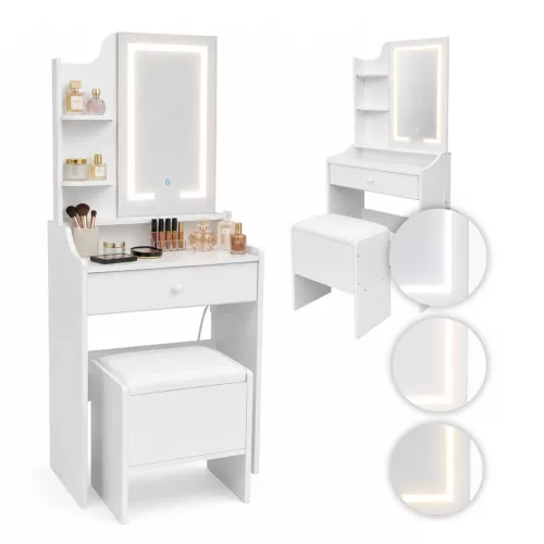 Sminkasztal, ModernHome ZDT-17, 62 x 39 x 150 cm, LED világítással, 3 fényárnyalat, tükör, 1 fiók, 2 polc, ülőke, laminált bútorlap