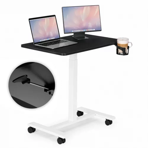 Laptopasztal, ModernHome JNI-PN01-5-1, fekete, 71 x 48 cm, 71,5–112 cm állítható magasság, kerekes, fékezhető görgők, italtartó, fa és fém anyagból, teherbírás: 25 kg