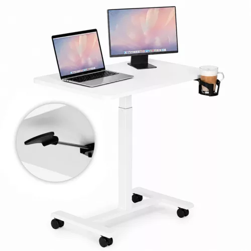 Laptopasztal, ModernHome JNI-PN01-5-5, fehér, 71 x 48 cm, 71,5–112 cm állítható magasság, kerekes, fékezhető görgők, italtartó, fa és fém anyagból, teherbírás: 25 kg