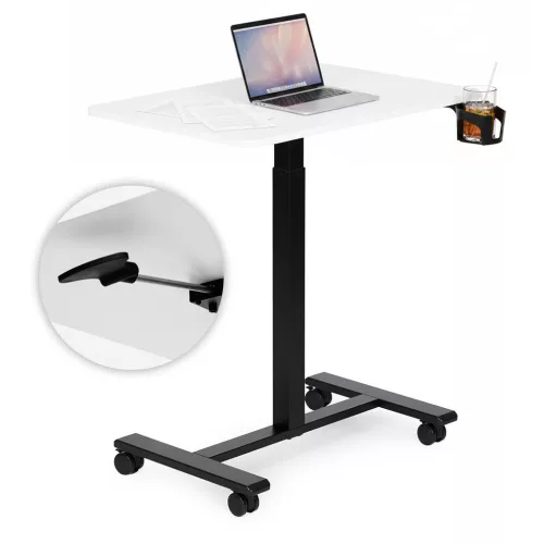 Laptopasztal, ModernHome JNI-PN01-1-5-NP, fehér, 70 x 48 cm, 71,5-112 cm állítható magasság, kerekes, fékezhető görgők, italtartó, fa és fém anyagból, teherbírás: 25 kg