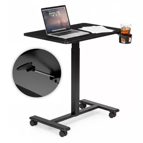 Laptopasztal, ModernHome JNI-PN01-1-1-NP, fekete, 70 x 48 cm, 71,5-112 cm állítható magasság, kerekes, fékezhető görgők, italtartó, fa és fém anyagból, teherbírás: 25 kg