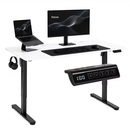Számítógépasztal, ModernHome JSD-C5-1-5 , fehér, 140 x 60 cm, 72–118 cm elektromosan állítható magasság, fa és fém anyagból, teherbírás: 70 kg