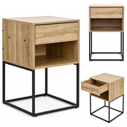 Éjjeliszekrény, ModernHome GIC-NST65-15, 64,5 x 40 x 38,5 cm, fiókos, nyitott polcos, világos tölgy, fém váz, MDF asztallap, teherbírás: fiók 5 kg, polc 15 kg